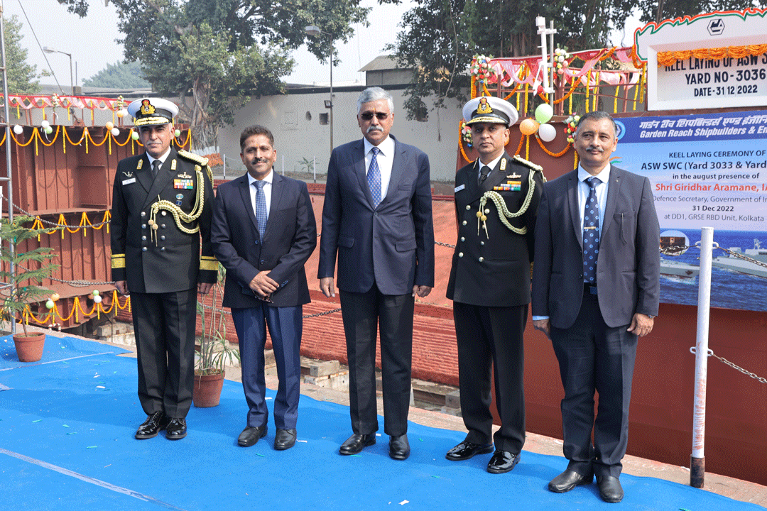 Twin Keel Laying of In-house designed ASW SWCS (Yard 3033 & 3036) at GRSE RBD Unit on 31 Dec 22