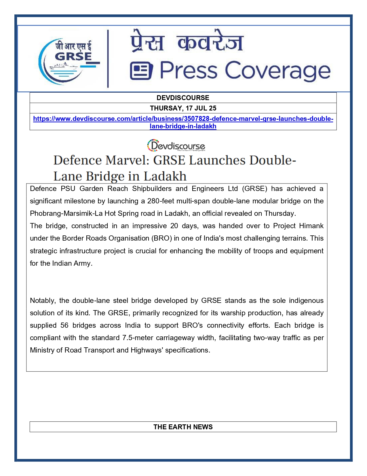 Press Coverage : 17 July 25:GRSE launches double-lane modular bridge on remote ladakh road