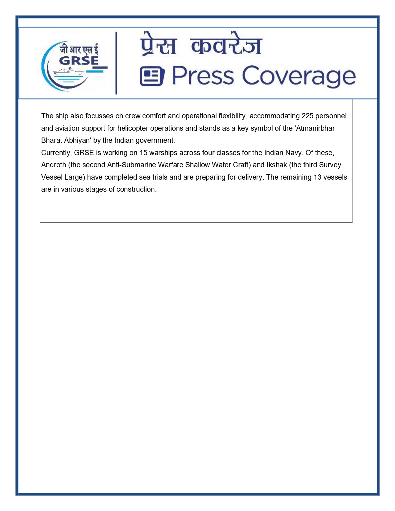 Press Coverage : 1 Aug 25:Another indigenous warship joins Navy