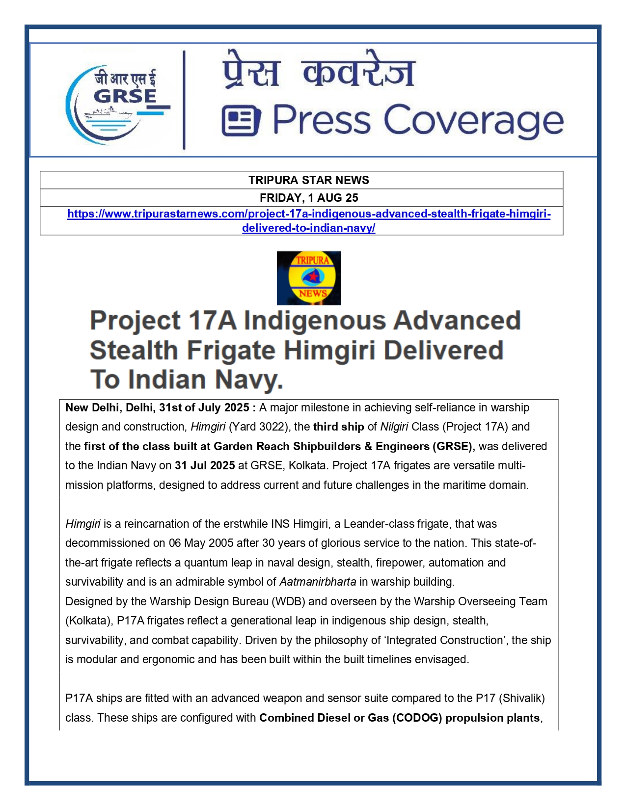 Press Coverage : 1 Aug 25:Another indigenous warship joins Navy