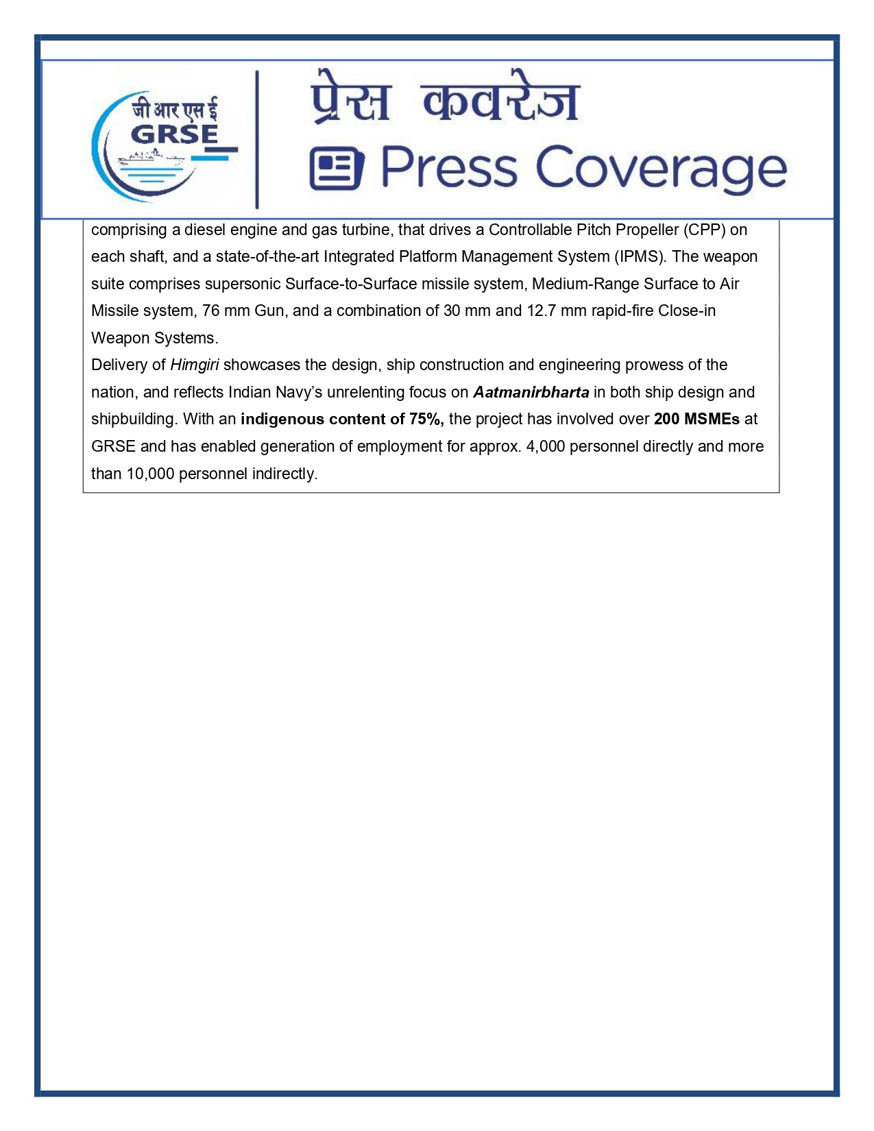 Press Coverage : 1 Aug 25:Another indigenous warship joins Navy