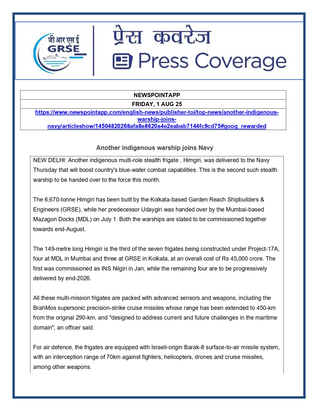 Press Coverage : 1 Aug 25:Another indigenous warship joins Navy