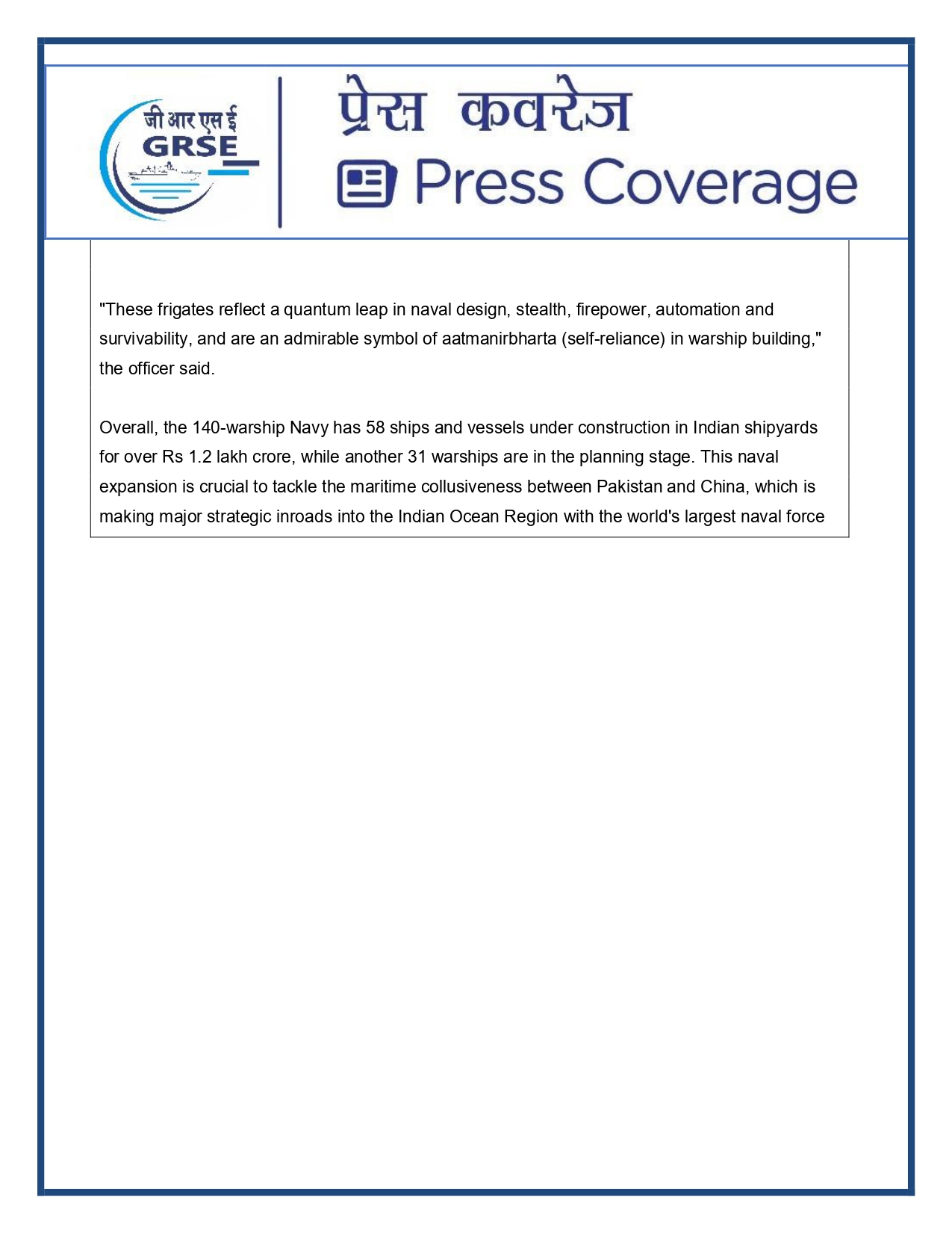 Press Coverage : 1 Aug 25:Another indigenous warship joins Navy