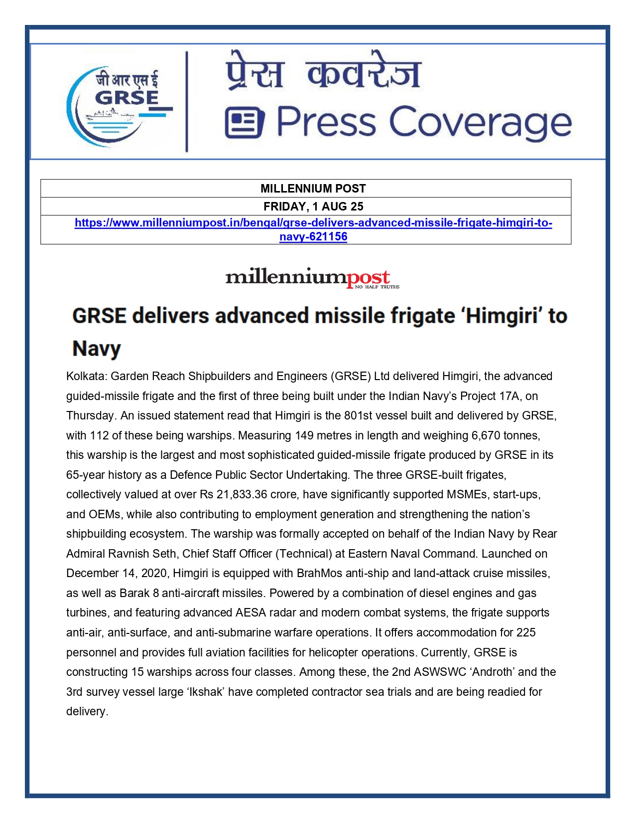 Press Coverage : 1 Aug 25:Another indigenous warship joins Navy