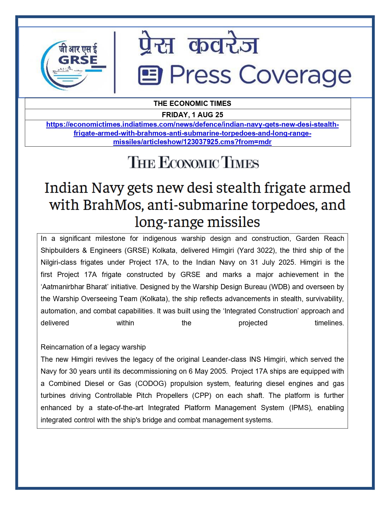 Press Coverage : 1 Aug 25:Another indigenous warship joins Navy