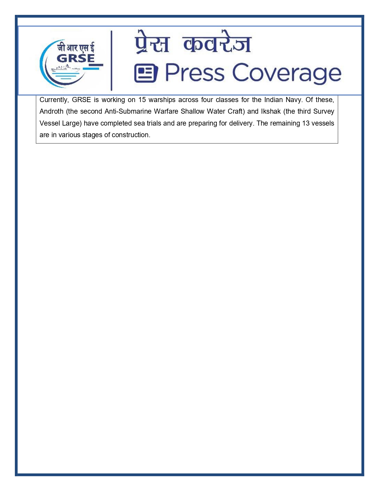 Press Coverage : 1 Aug 25:Another indigenous warship joins Navy