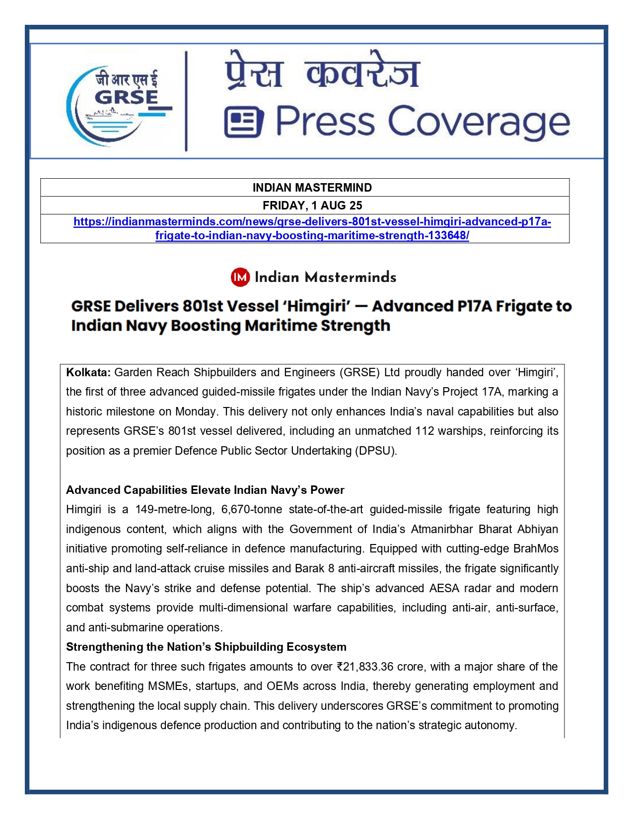 Press Coverage : 1 Aug 25:Another indigenous warship joins Navy