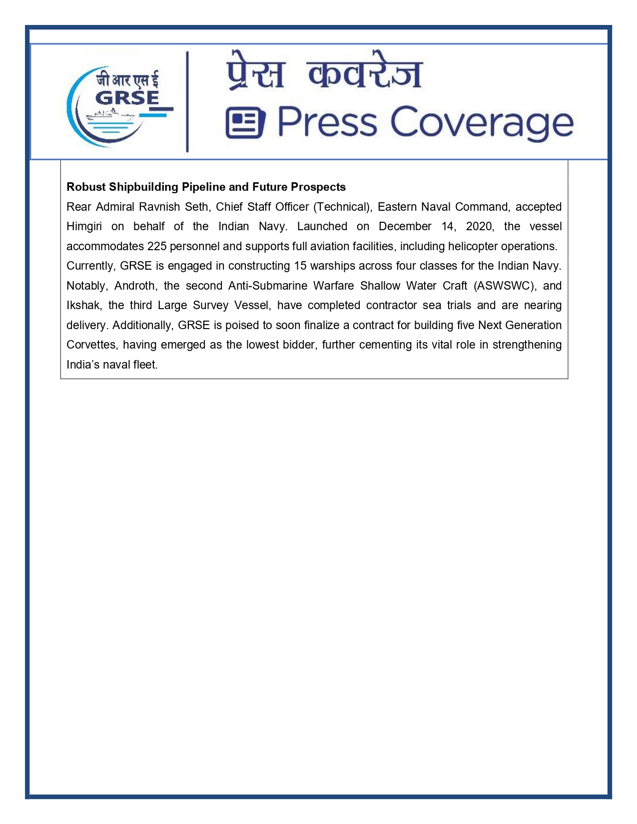 Press Coverage : 1 Aug 25:Another indigenous warship joins Navy