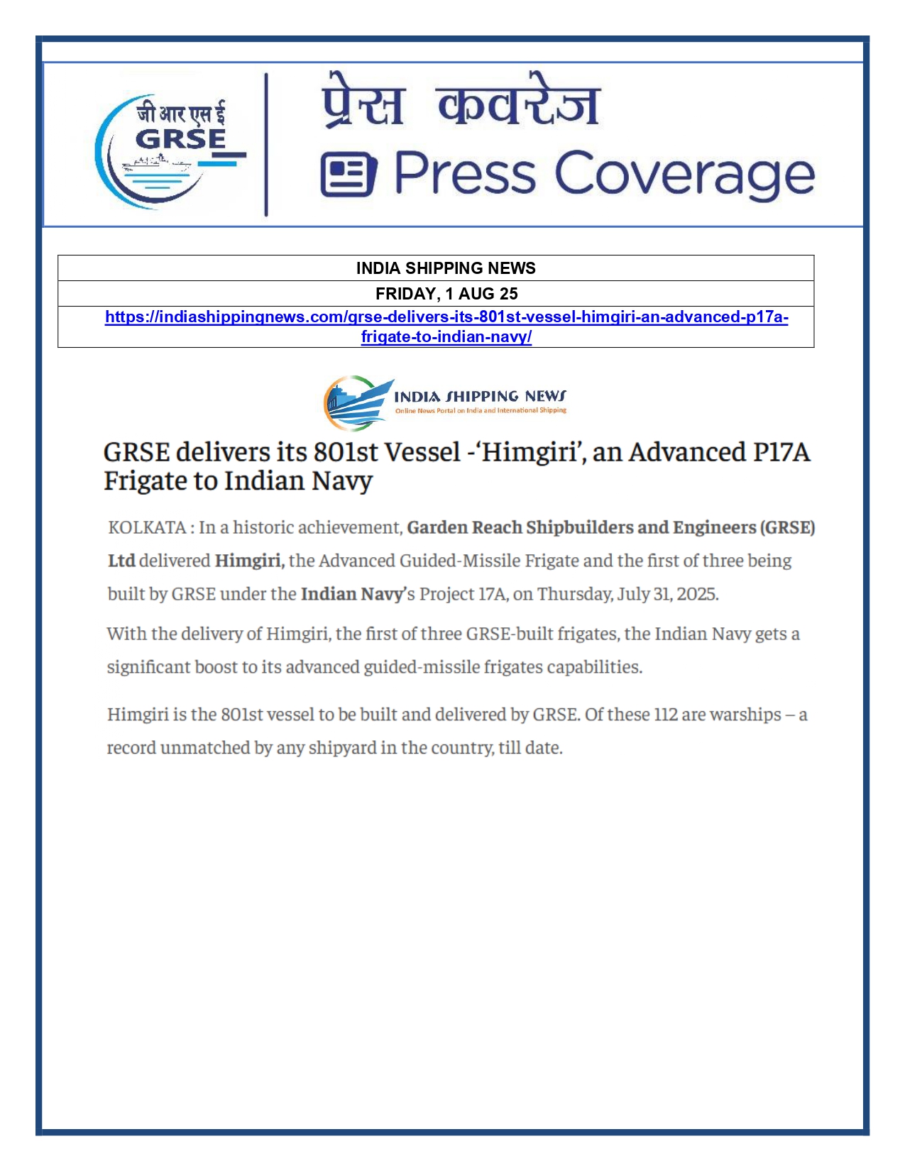 Press Coverage : 1 Aug 25:Another indigenous warship joins Navy