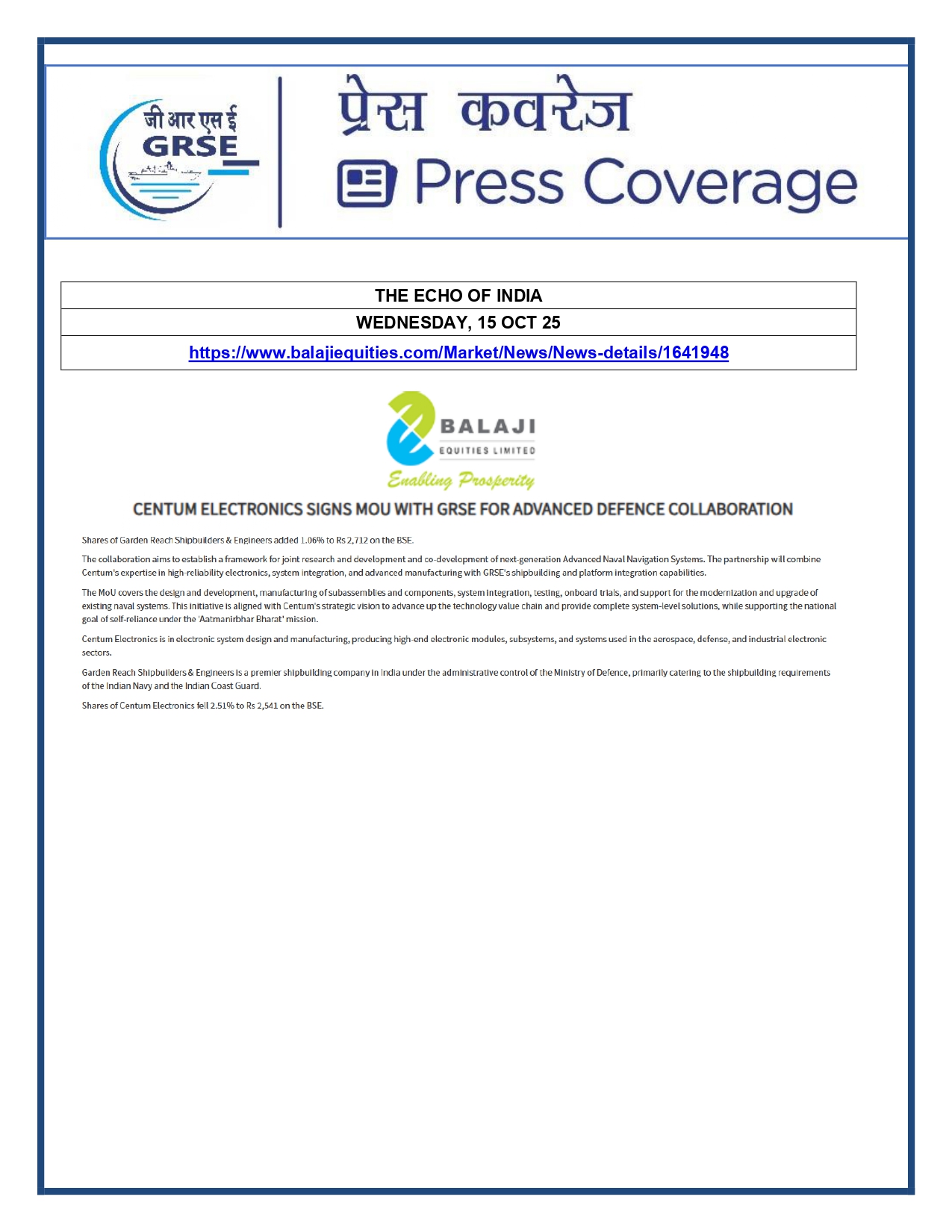 Press Coverage: 20 Oct 25:THE TIMES OF INDIA