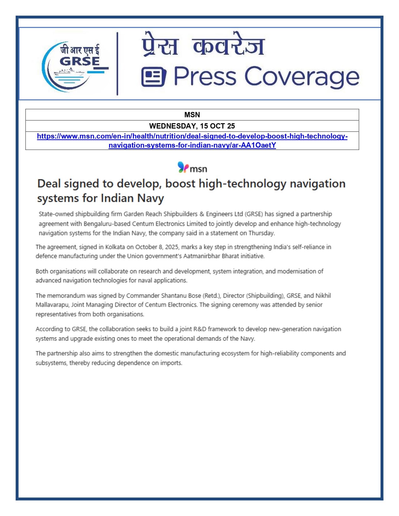 Press Coverage: 20 Oct 25:THE TIMES OF INDIA