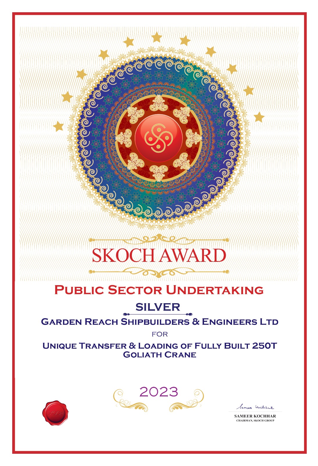 Image 2 - GRSE received prestigious 91st SKOCH Awards for the project Unique Transfer & Loading of fully built 250T Goliath Crane on 04 May 23